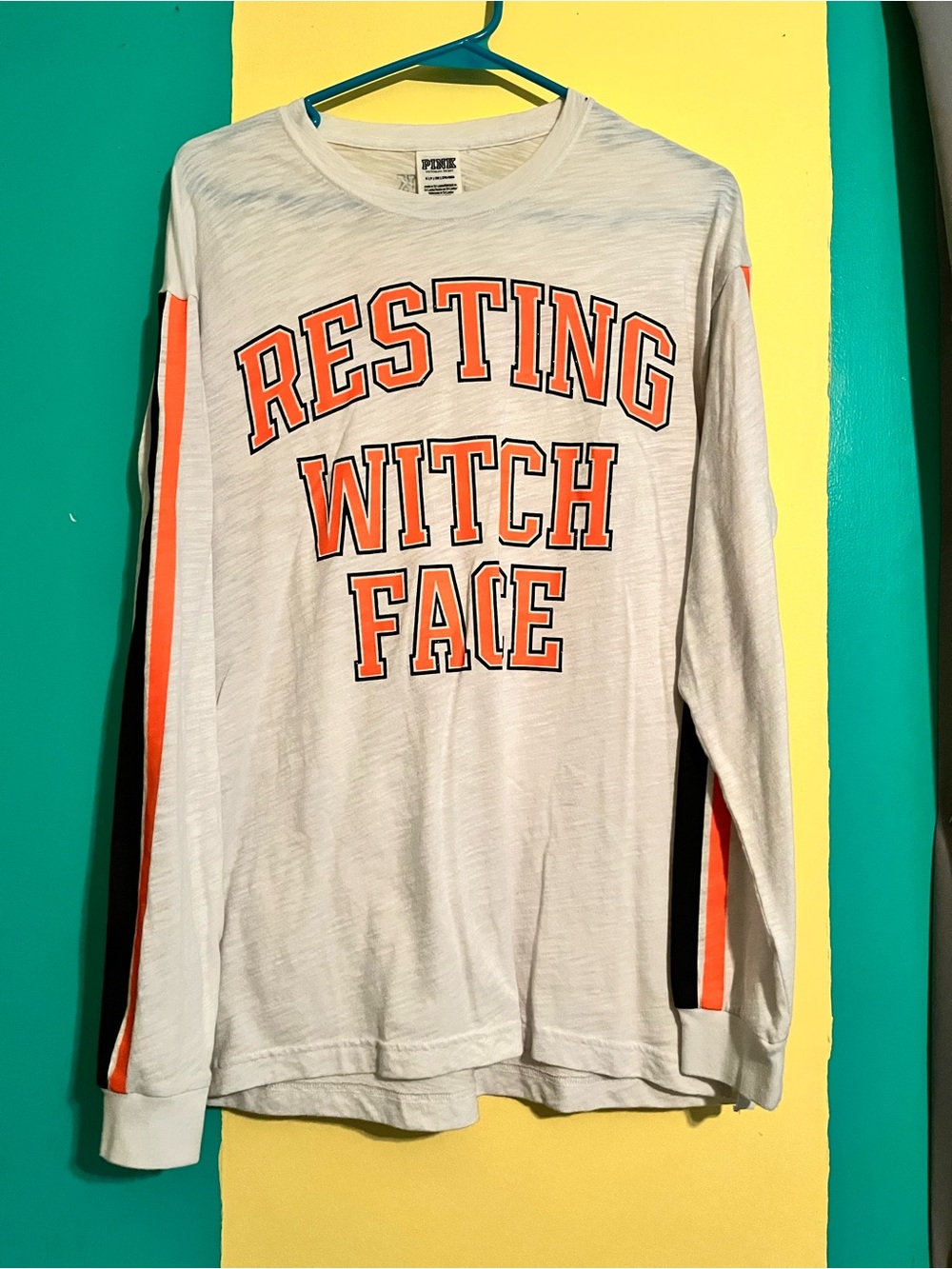 PINK Victoria's Secret White Long Sleeve Tee with Orange & Black Stripes